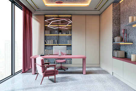 Elegant executive office with pink desk and chair, bookshelves, and a computer on a terrazzo floor background. Concept of luxury workspace. 3D Renderingの写真素材