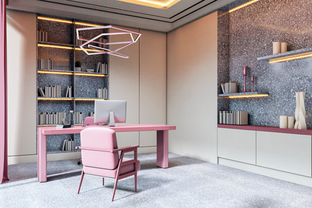 Contemporary executive office with pink desk and chair, sleek bookshelves, elegant lighting on textured wall background. 3D Renderingの写真素材