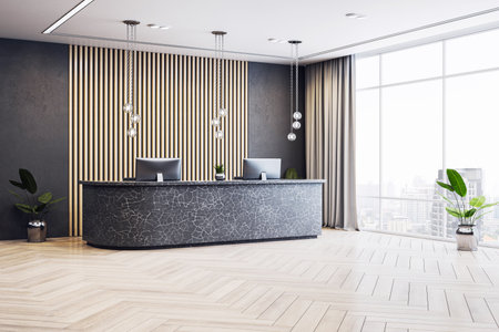 Sleek modern reception desk in luxury office interior with pendant lights, decorative wood wall, large city view window and stylish floor. 3D Renderingの写真素材