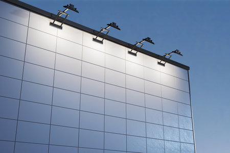 Large clean billboard on tiled building facade with spotlights, illuminated at evening, perfect for advertising or business branding. 3D Renderingの写真素材