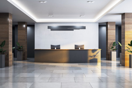Empty luxury hotel reception with modern desk, clean light interior, tiled floor and wooden columns, front view, concept of branding. 3D Renderingの写真素材
