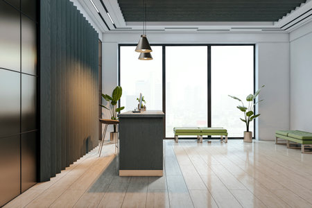 Contemporary office reception with wooden desk, green benches, and large windows in a light-filled lobby interior. Concept of business workspace. 3D Renderingの写真素材