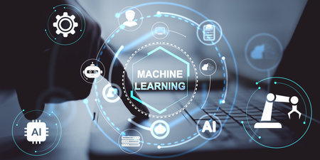 Machine learning and AI icons with user interface elements on a digital background, representing modern technology and data science conceptsの写真素材