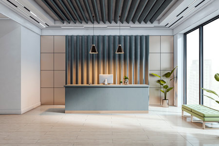 Contemporary reception desk in stylish office lobby with light floor, modern ceiling panels, and large windows overlooking the city. 3D Renderingの写真素材