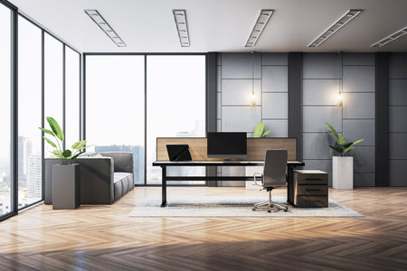 Modern executive office with sleek furniture and panoramic city background, minimalist style with wood floor and clean decor. 3D Renderingの写真素材