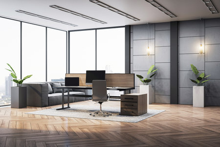 Contemporary luxury office interior with modern furniture and parquet floor, set in a panoramic cityscape background. 3D Renderingの写真素材