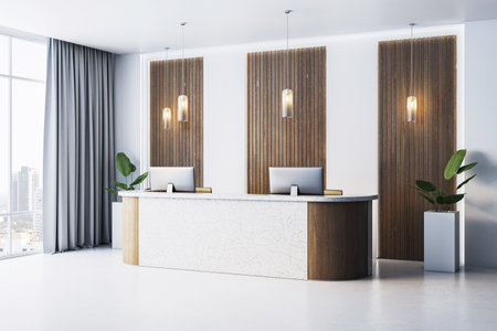 Contemporary reception counter in a bright office interior featuring marble surface, wood panel walls, pendant lighting and large city-view window. 3D Renderingの写真素材