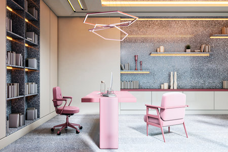 Luxurious modern executive office with pink desk and chairs, terrazzo wall, ambient lighting, and bookshelves. 3D Renderingの写真素材