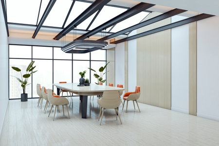 Elegant modern conference room with wooden furniture, bright interior, large glass windows, and minimal decor. 3D Renderingの写真素材