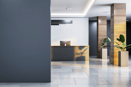Reception desk and blank wall in modern office interior with clean design, wooden columns, and indoor plants on tiled floor. 3D Renderingの写真素材