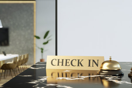 Hotel check-in sign and service bell on a marble front desk counter, soft blur background with warm light, hospitality concept. 3D Renderingの写真素材