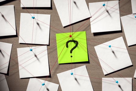 Sticky notes with red strings pinned on wood wall background, green note with question mark in center, concept of investigation and curiosity. 3D Renderingの写真素材