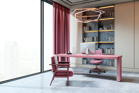 Elegant modern executive office with stylish pink furniture, built-in bookshelves, and large window in high-rise building. 3D Renderingの写真素材