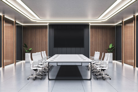 Empty modern boardroom interior with large meeting table, sleek white chairs, wooden panel walls, and screen display on clean office background. 3D Renderingの写真素材