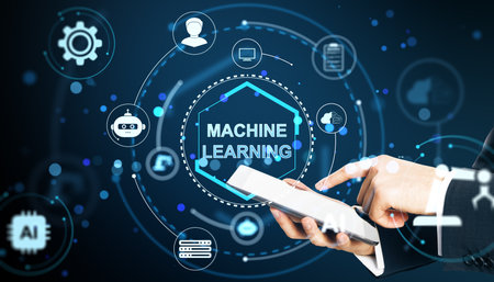 Businessman using tablet with machine learning icons, modern digital style, on dark blue background. Concept of artificial intelligence technologyの写真素材