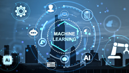 Futuristic machine learning interface with AI technology icons and light effects over city skyline background, concept of innovation and dataの写真素材