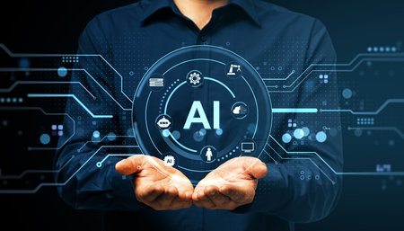 Hands of man holding glowing AI icon with technology symbols, futuristic digital style, dark background, concept of smart machine intelligenceの写真素材