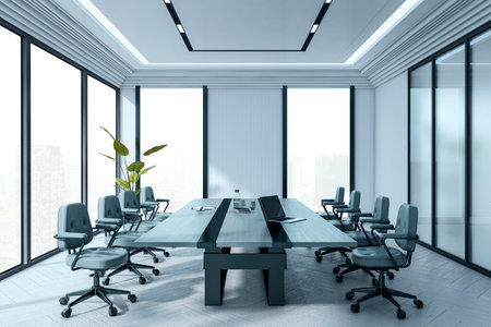 Sleek modern boardroom with large windows, minimalist furniture, and glass partitions, showcasing a spacious corporate meeting space. 3D Renderingの写真素材