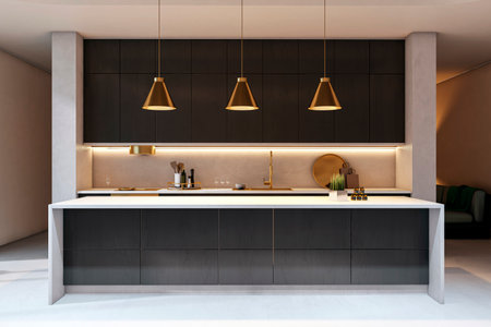 Sleek modern kitchen with dark cabinets, golden pendant lights, and clean white counter in a luxury home interior. 3D Renderingの写真素材