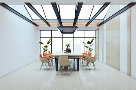 Interior of a modern boardroom with light wood floor, large table, colorful chairs, glass wall and ceiling, professional business workspace. 3D Renderingの写真素材