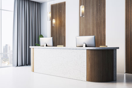 Elegant modern reception desk in a corporate office with wooden accents, marble texture, pendant lighting, and cityscape view. 3D Renderingの写真素材