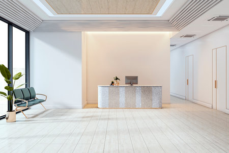 Elegant office reception with stylish front desk, indoor plant, and modern seating in bright workspace interior, concept of business entrance. 3D Renderingの写真素材
