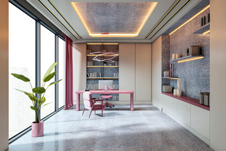 Luxury executive office interior with pink desk and chair, bookshelves, and large windows overlooking the city in cozy modern aesthetic. 3D Renderingの写真素材
