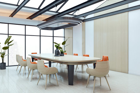 Contemporary boardroom with stylish table and chairs, modern lighting, in a bright office interior with large windows. Concept of workspace. 3D Renderingの写真素材
