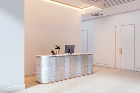 Elegant reception desk in modern minimalist office lobby with soft lighting and light wood floor, showcasing luxury workspace design. 3D Renderingの写真素材