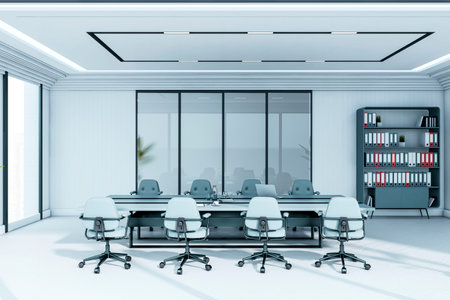 Modern office boardroom interior with large desk, swivel chairs, and file shelf in bright light blue setting, concept of corporate workspace. 3D Renderingの写真素材