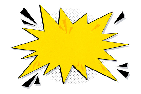 Yellow comic-style speech bubble burst with halftone texture and black accents on a clean white background. Concept of creative message backdrop. 3D Renderingの写真素材