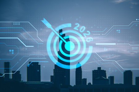 Digital target with 2026 text and arrow overlay on city skyline, neon blue circuit style on modern...
