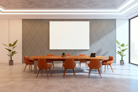 Contemporary conference room with wooden table, leather chairs, blank wall canvas, plants, and city view background. 3D Renderingの写真素材