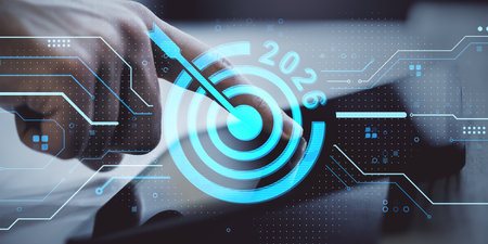Hand interacting with a tablet device, futuristic neon blue interface overlay, dark background, concept of business goal target by 2026の写真素材