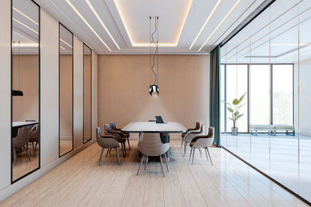 Modern empty boardroom with wooden desk, stylish chairs, ceiling light strips, glass wall partition, and city view in corporate office. 3D Renderingの写真素材