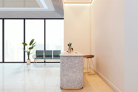 Stylish office reception area with terrazzo counter, modern furniture and green plant, set in a bright glass-walled lobby interior. 3D Renderingの写真素材
