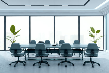 Sleek modern boardroom with luxury design, minimalist executive furniture, city view background, professional workspace concept. 3D Renderingの写真素材