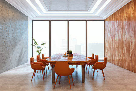 Modern office boardroom with wooden table and orange chairs, contemporary interior style, large windows, concept of corporate workspace. 3D Renderingの写真素材