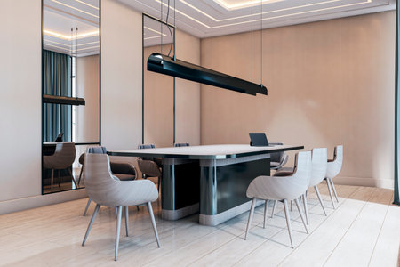 Empty modern conference room interior with elegant furniture, large mirrors and soft lighting on wooden floor background. Concept of workspace. 3D Renderingの写真素材