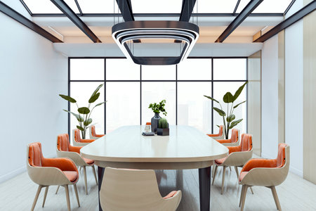 Contemporary boardroom with elegant table, orange chairs, modern lighting, and large windows showing city skyline. 3D Renderingの写真素材