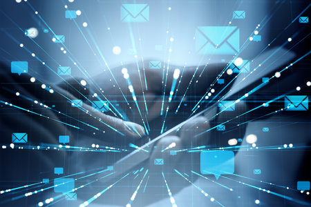 Smartphone with digital envelope icons and light trails, abstract blue background, concept of email communication and online messagingの写真素材