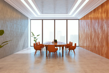 Contemporary boardroom with sleek furniture, modern design style, large windows, and textured walls in a high-rise corporate building. 3D Renderingの写真素材