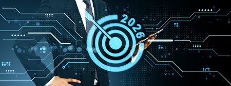 Businessman with smartphone, digital target overlay, futuristic tech background, concept of future...
