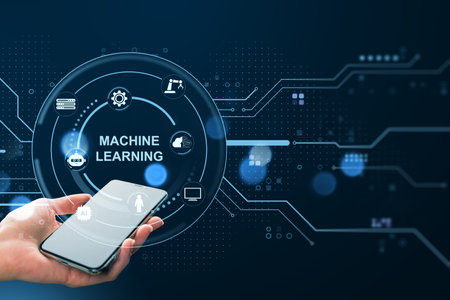 Hand holding smartphone with machine learning interface, modern digital style, futuristic tech background, concept of AI, data, and innovationの写真素材