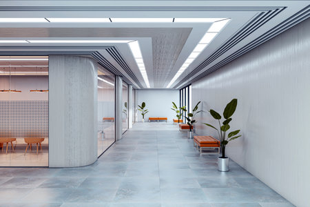 Modern office corridor with seating and plants, realistic graphic style, light corporate interior background, concept of business workspace. 3D Renderingの写真素材