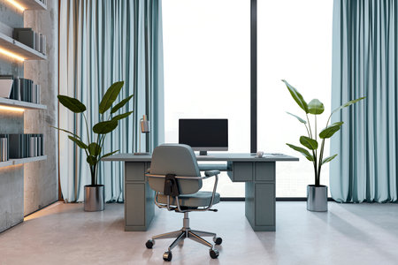 Contemporary executive office with desk, chair, computer, bookshelves, and city view window in stylish minimalist interior. 3D Renderingの写真素材