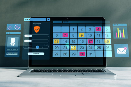 Laptop displaying a digital calendar, payment form, and data charts in a futuristic interface, 3D Rendering, on a gray wall background, concept of financeの写真素材