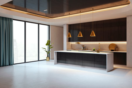 Stylish modern kitchen interior with sleek black cabinetry and gold pendant lights, placed in a bright room with large windows. 3D Renderingの写真素材
