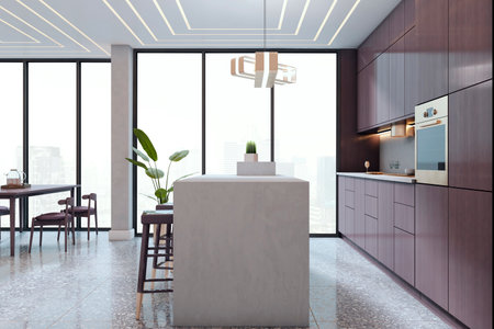 Contemporary kitchen space with sleek island, built-in cabinets, and dining area, featuring soft light and cityscape background. 3D Renderingの写真素材