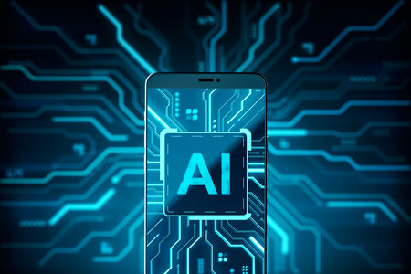 Mobile device with glowing AI symbol on screen, futuristic neon blue circuit board background, concept of smart technology and digital intelligence, 3D Renderingの写真素材